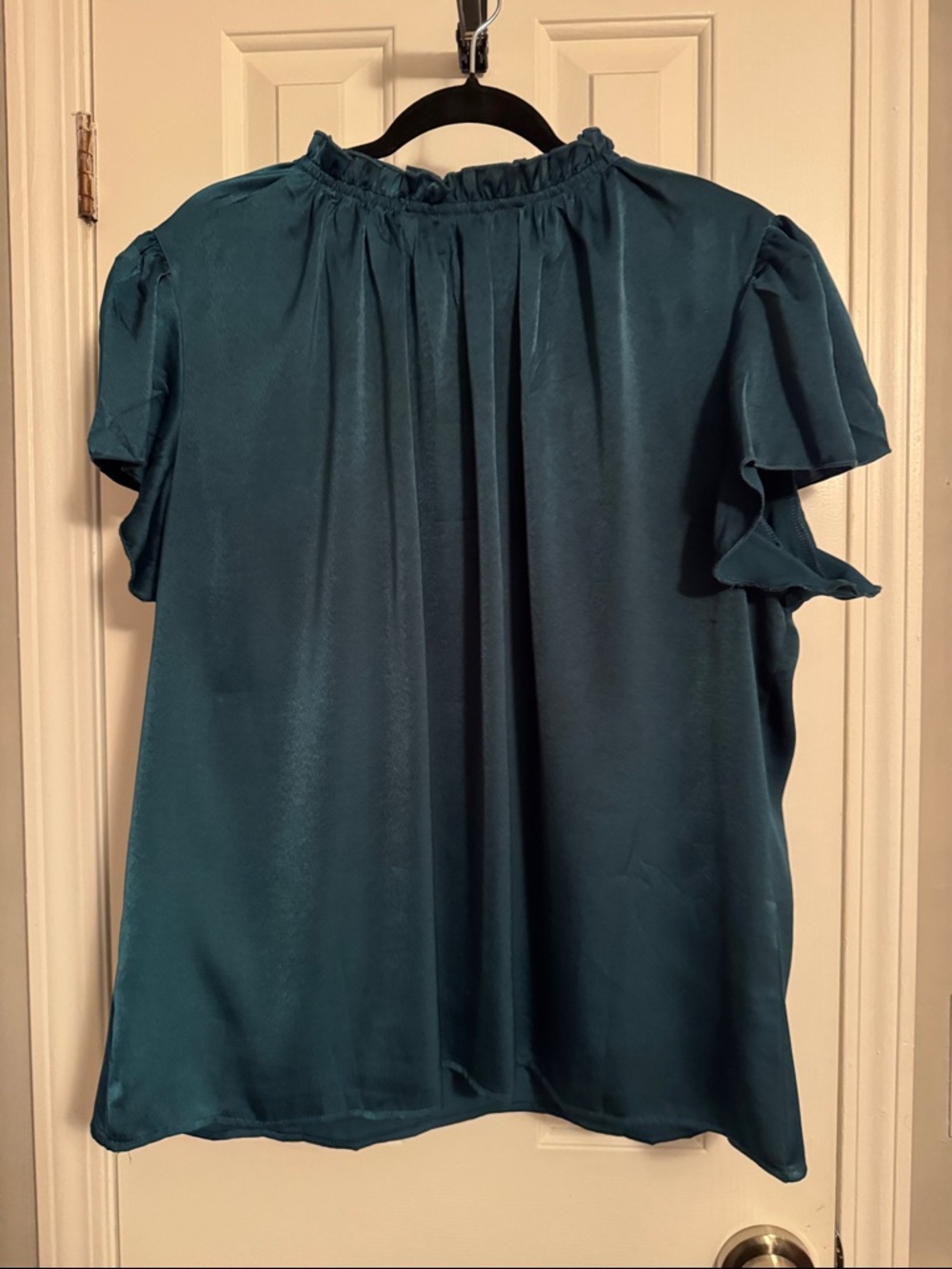 Teal Ruffle Sleeve Satin Blouse